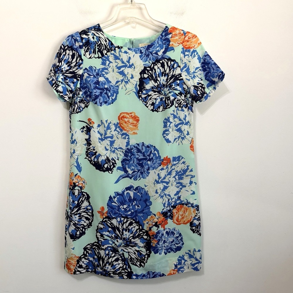J Crew Shift Dress 0‎ Blue Floral Print Short Sleeve Summer Spring Easter NEW
